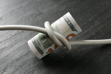 Electrical wire with banknote on black table, closeupの写真素材