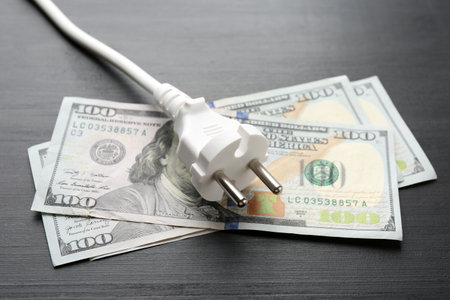 Electrical wire with plug and dollar banknotes on black wooden table, closeupの写真素材
