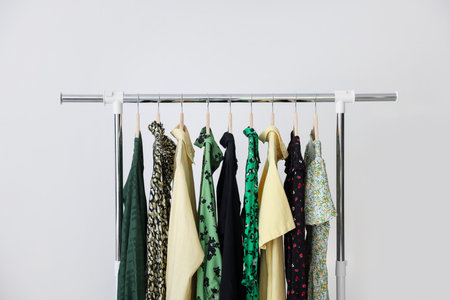 Different clothes hanging on rack against light background, closeupの写真素材