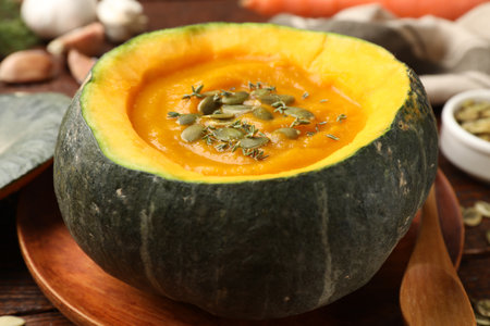 Tasty pumpkin cream soup with seeds and thyme served in pumpkin on table, closeupの写真素材