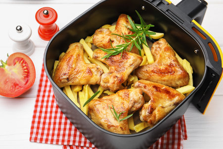 Grilled chicken wings with French fries in air fryer basket, tomato and tongs on white wooden table, closeupの写真素材