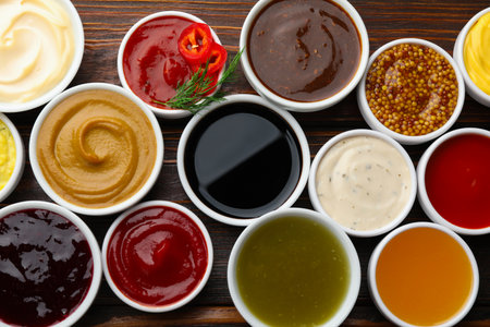 Different sauces in bowls on wooden table, flat layの写真素材