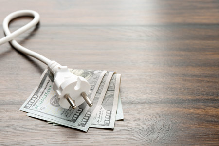 Electrical wire with plug and dollar banknotes on wooden table, closeup. Space for textの写真素材