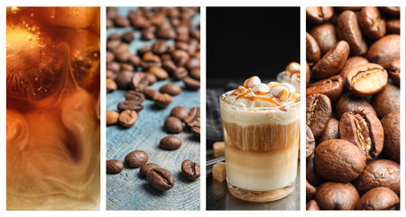 Coffee drinks and roasted beans, collage. Banner designの写真素材