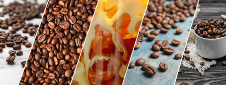 Coffee drink and roasted beans, collage. Banner designの写真素材