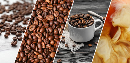 Coffee drink and roasted beans, collage. Banner designの写真素材