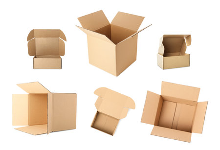 Open empty cardboard boxes isolated on white, setの写真素材