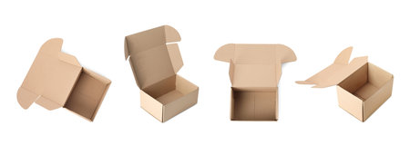 Open empty cardboard box isolated on white, set