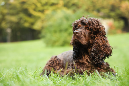 Beautiful Irish water spaniel dog in park. Space for textの写真素材