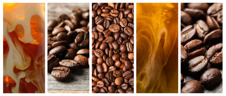 Coffee drinks and roasted beans, collage. Banner designの写真素材