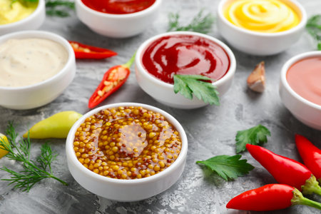 Different sauces in bowls and ingredients on gray textured table, closeupの写真素材
