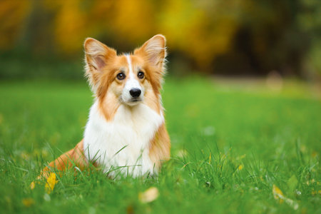 Cute Pembroke Welsh corgi dog in park. Space for textの写真素材