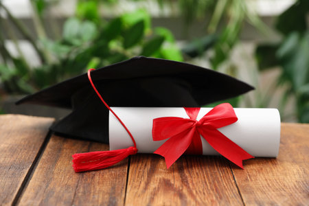 Diploma and graduation hat on wooden table outdoors, closeupの写真素材