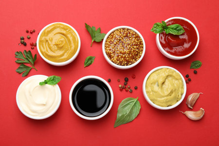 Different sauces, spices and herbs on red background, flat layの写真素材