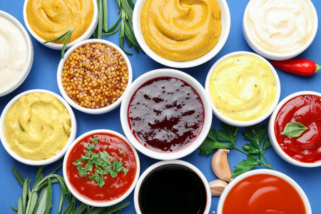 Different sauces, spices and herbs on blue background, flat layの写真素材