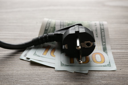 Electrical wire with plug and dollar banknotes on wooden table, closeupの写真素材