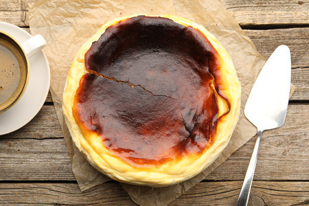 Tasty Basque cheesecake, cup of coffee and spatula on wooden table, flat layの写真素材