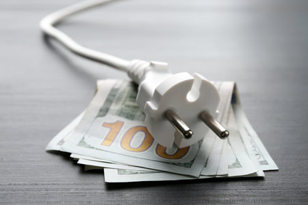 Electrical wire with plug and dollar banknotes on black wooden table, closeupの写真素材
