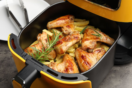 Grilled chicken wings, French fries and rosemary in air fryer on gray table, closeupの写真素材