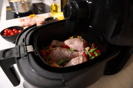 Air fryer with raw chicken drumsticks and vegetables on countertop, closeupの写真素材