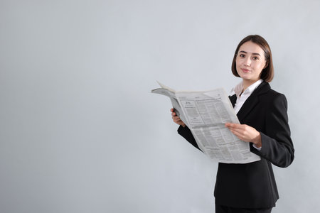 Portrait of woman in suit with newspaper on gray background. Space for textの写真素材