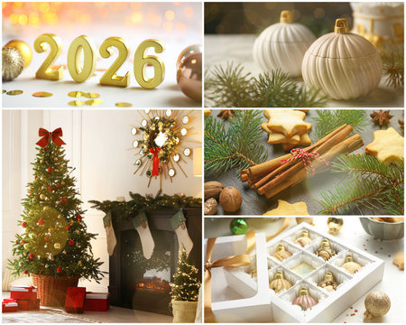 Christmas and New Year celebration. Collage of different holiday-themed photosの写真素材