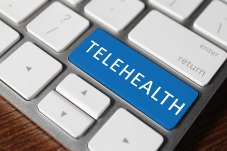 Blue button with word Telehealth on computer keyboard, closeupの写真素材