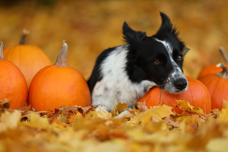 Cute Border Collie dog and pumpkins in autumn parkの写真素材