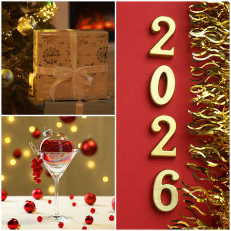 Christmas and New Year celebration. Collage of different holiday-themed photosの写真素材