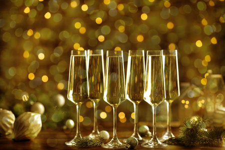 Sparkling wine in glasses and festive decor, bokeh lights. New Year greeting cardの写真素材