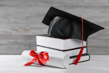 Diploma, graduation hat and books on white wooden tableの写真素材