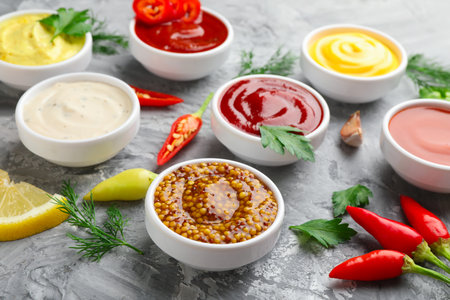 Different sauces in bowls and ingredients on gray textured table, closeupの写真素材