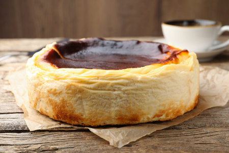 Tasty Basque cheesecake on wooden table, closeup
