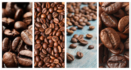 Roasted coffee beans, collage of pictures. Banner designの写真素材