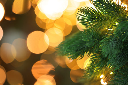 Branches of beautiful Christmas tree with festive lights, closeup and space for text. Bokeh effectの写真素材