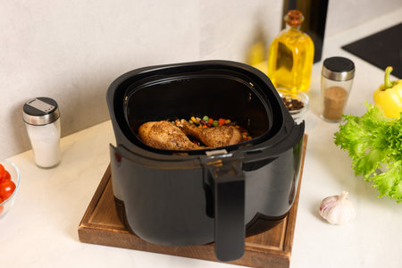 Air fryer basket with cooked chicken drumsticks, vegetables and spices on white marble countertop, closeupの写真素材