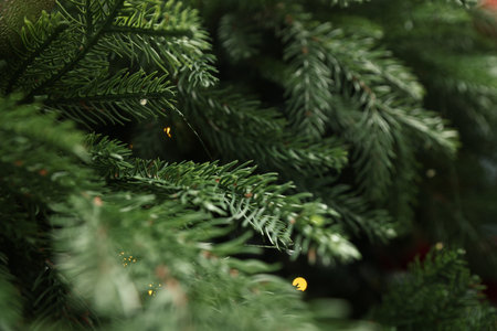 Branches of artificial Christmas tree against bokeh lights, closeup