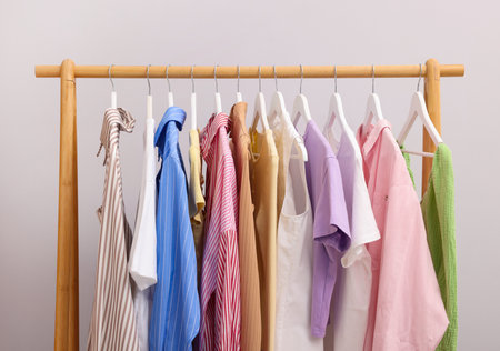 Different stylish clothes hanging on rack near light wall indoors, closeupの写真素材