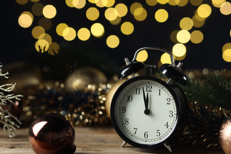 New Year celebration. Alarm clock and festive decor on wooden table against blurred lights, closeup