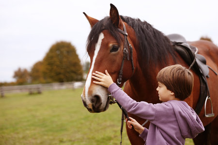 Equine assisted therapy. Little boy stroking beautiful horse in countryside, space for text. Lovely domesticated petの写真素材