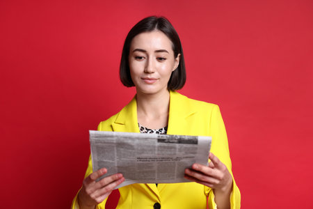 Beautiful woman in yellow suit reading newspaper on red backgroundの写真素材
