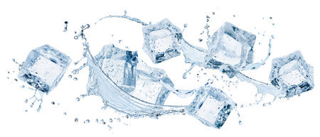 Ice cubes and splashing water in air on white backgroundの写真素材