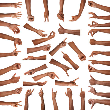 Set of hand gestures on white background. African American man showing arm, closeupの写真素材