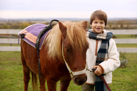 Equine assisted therapy. Little boy with beautiful pony outdoors. Lovely domesticated petの写真素材