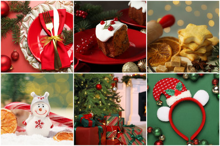 Christmas atmosphere. Collage of different holiday-themed photosの写真素材