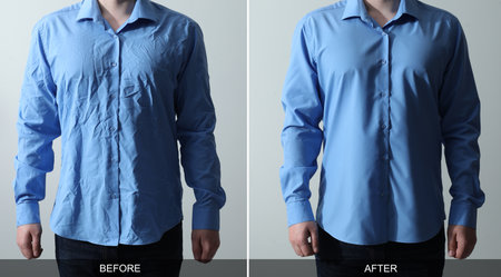 Man in shirt before and after ironing, closeup. Collage on light backgroundの写真素材