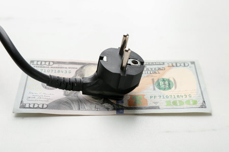 Electrical wire with plug and dollar banknote on white table, closeupの写真素材