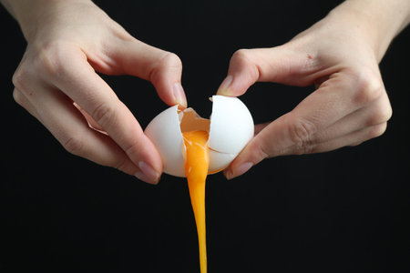 Woman cracking egg on black background, closeupの写真素材
