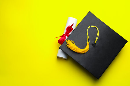 Diploma and graduation hat on yellow background, top view. Space for textの写真素材