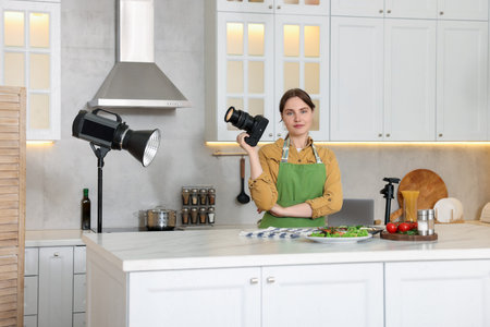 Woman with camera and meal on table in kitchen. Professional food photography